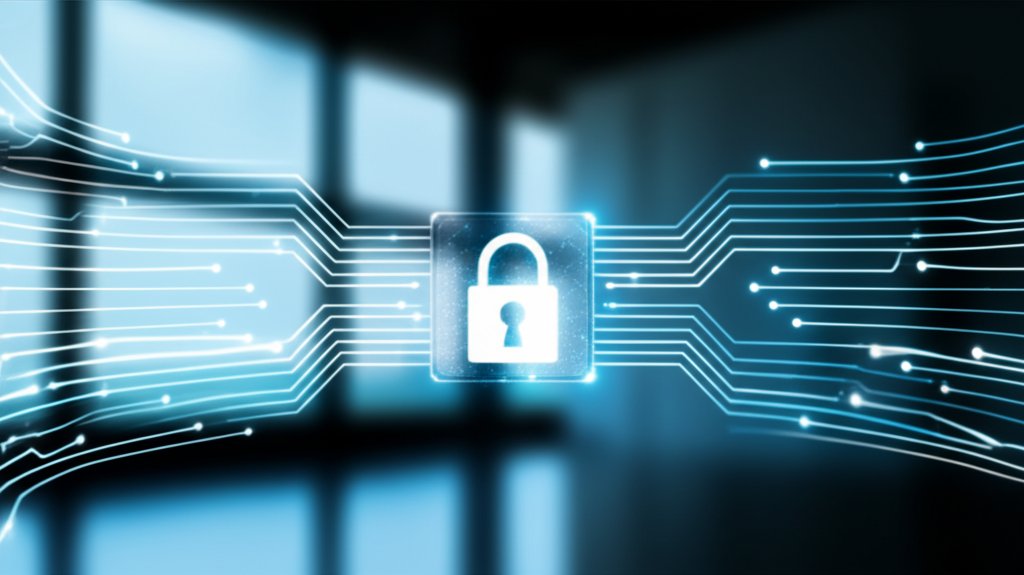 Luminous digital identity node as a secure hub in a dynamic network, with data streams representing Zero Trust, identity-f...