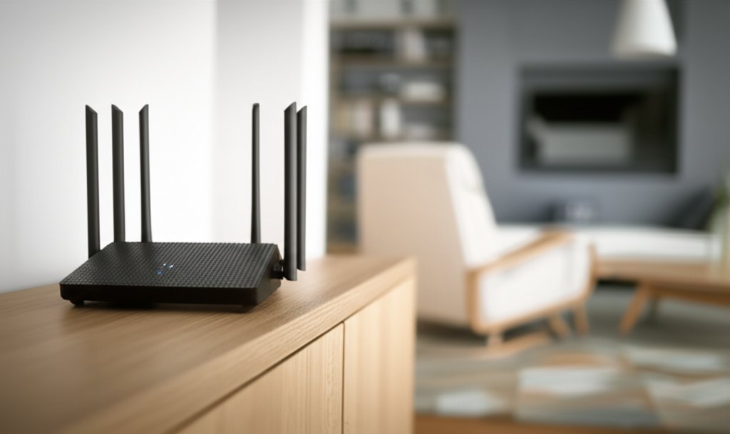 Modern home router, sharply focused on a minimalist console in a contemporary living room, representing a home network gat...