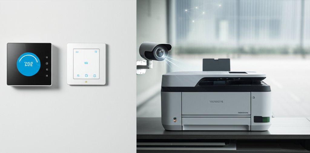 Smart thermostat, security camera, and printer in a modern home office, highlighting IoT security vulnerability.