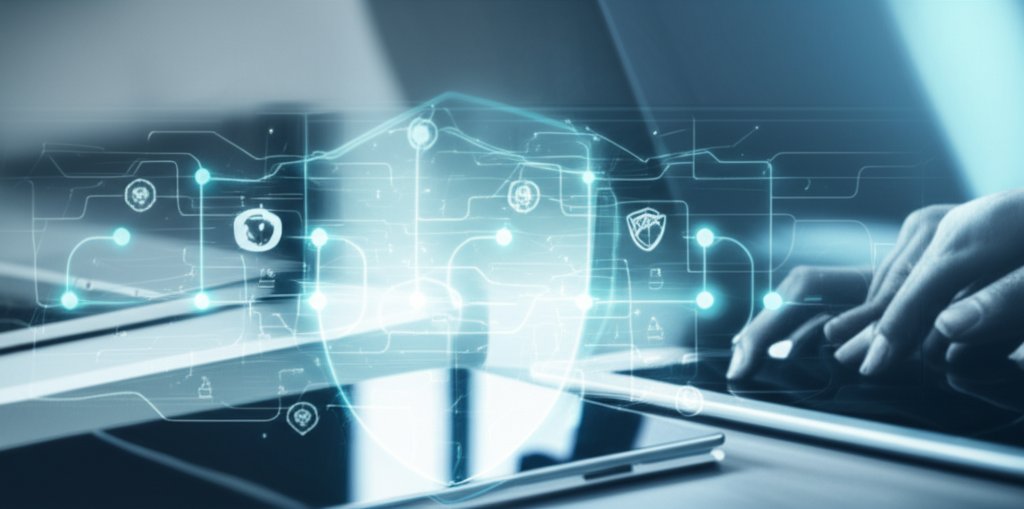 Developer's hands at a modern desk, with interconnected digital lines, glowing nodes, and a security shield for cloud-nati...