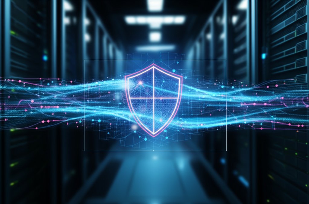 Glowing serverless data streams & nodes protected by an ethereal shield, illustrating robust digital cybersecurity.