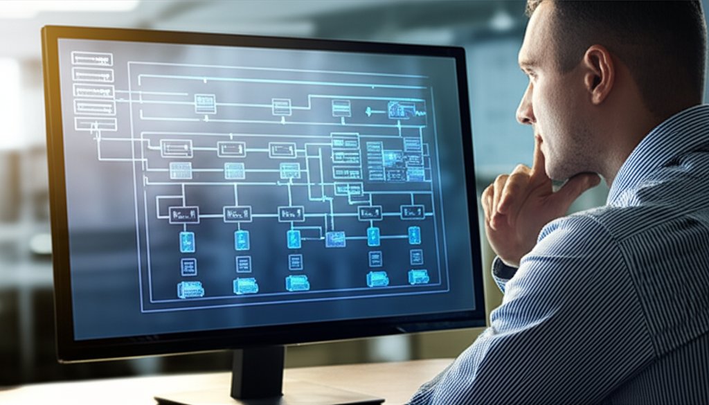 Thoughtful IT architect analyzing a complex serverless security blueprint on screen in a modern small business office.