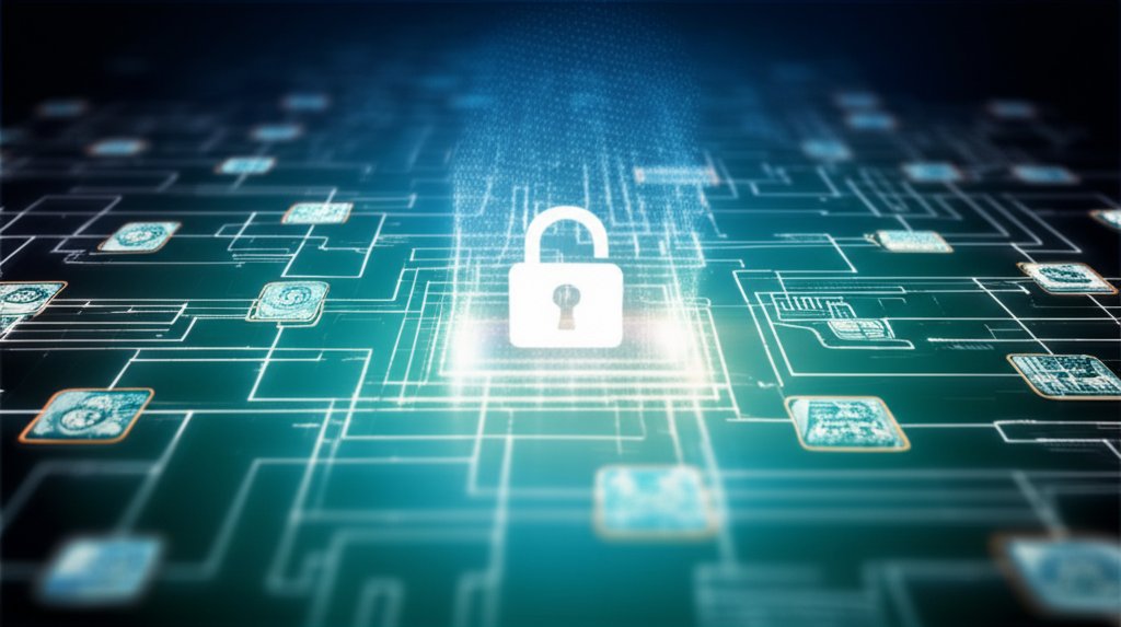 A sophisticated digital security network with glowing data streams, interconnected nodes, and a central hub for Zero Trust...