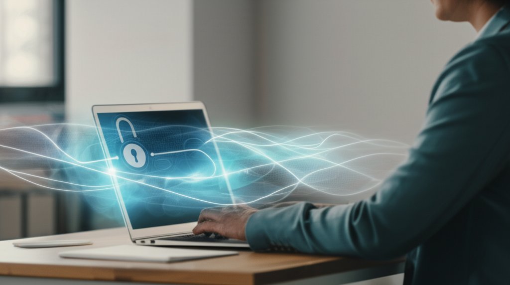 Professional working securely on a laptop in a modern small business office, with glowing lines symbolizing ZTNA network s...