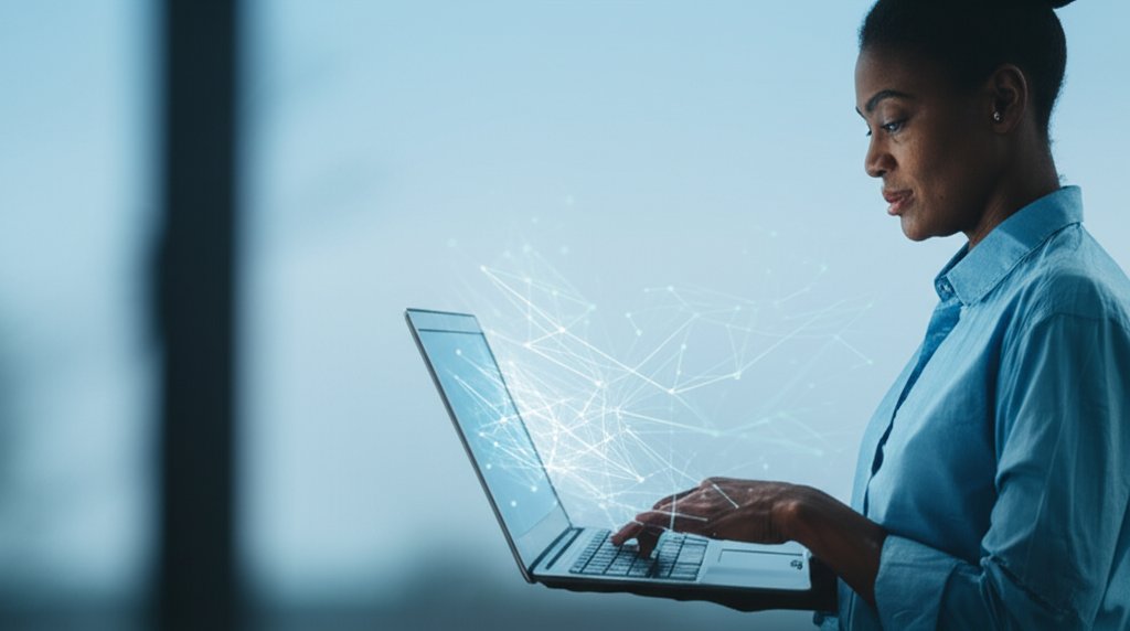 Professional focused on a laptop with digital lines forming a protective network for cloud app and serverless security.