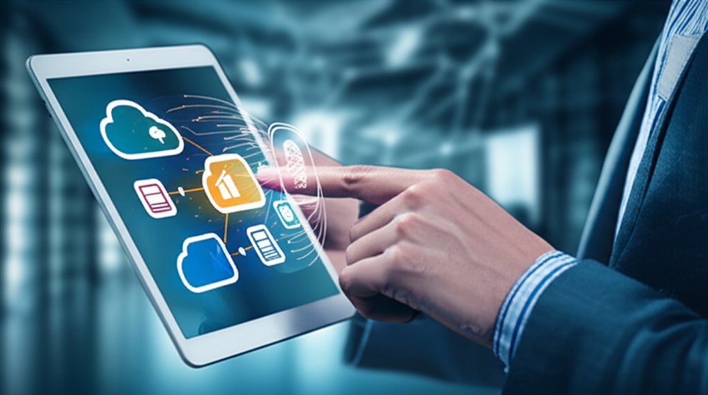 IT professional uses tablet managing secure multi-cloud environments, with biometric icon for passwordless authentication.