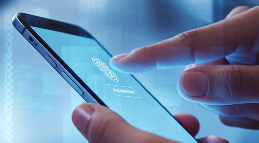 Close-up of hands performing passwordless biometric authentication on a smartphone, with abstract digital patterns hinting...