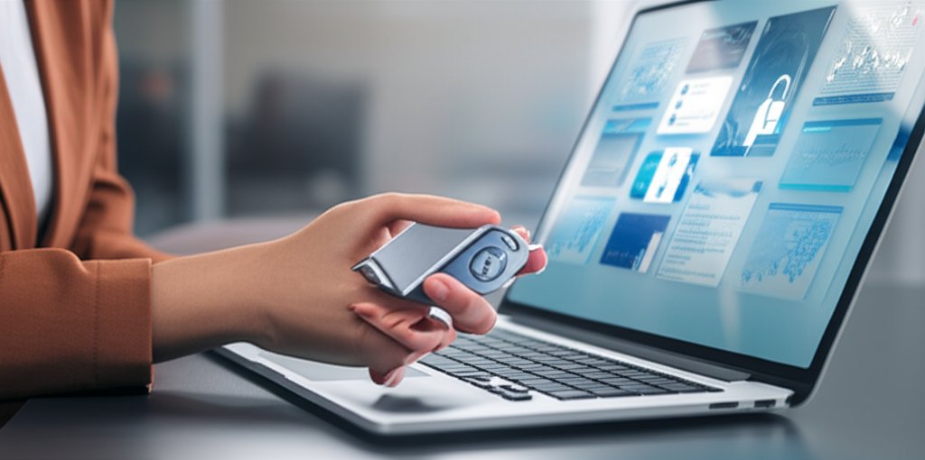 A professional uses a laptop with a FIDO security key, symbolizing secure passwordless authentication in a modern office.