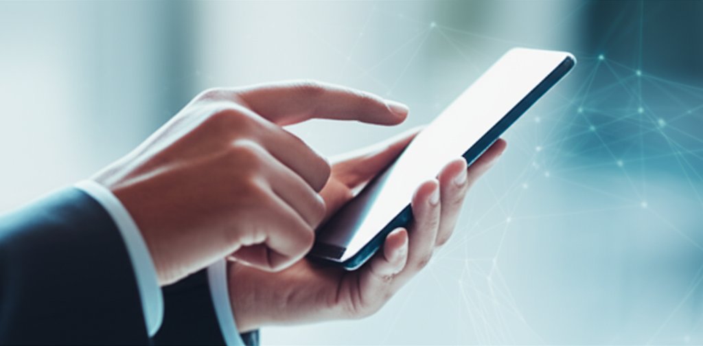 Hands confidently using a modern smartphone for secure, seamless passwordless login, with abstract digital network lines.