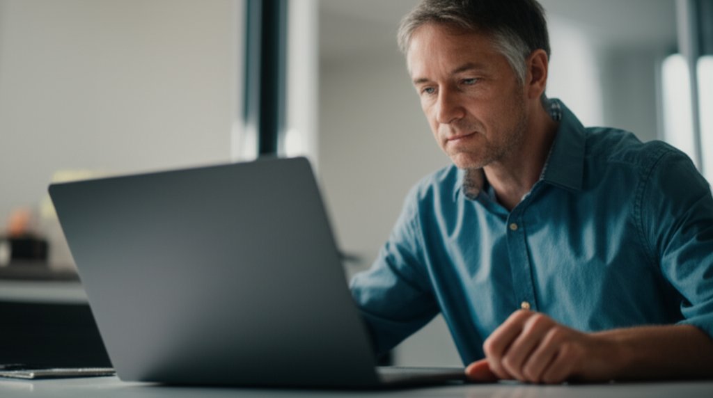 Professional person thoughtfully viewing a sleek laptop/tablet screen in a modern office, focused on security solutions.
