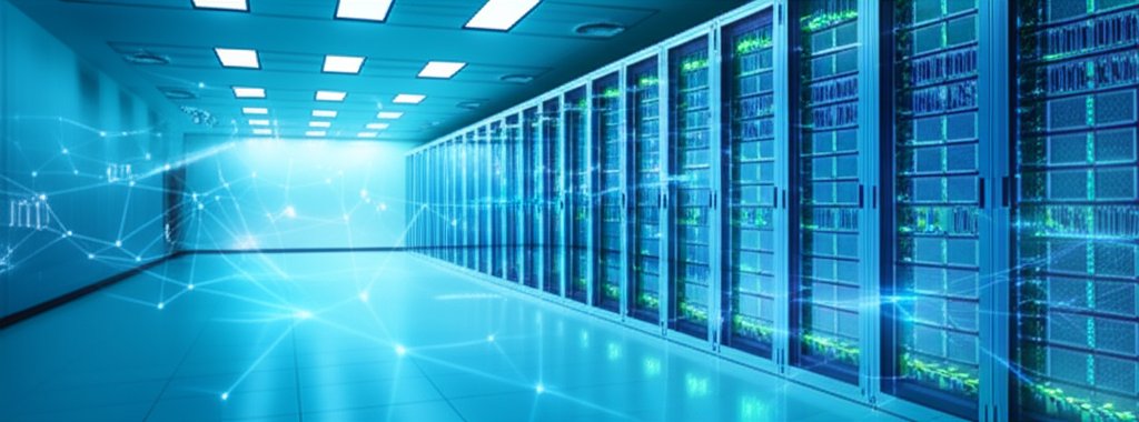 Professional server room with glowing geometric light patterns, representing future-proof data security and advanced PQC e...