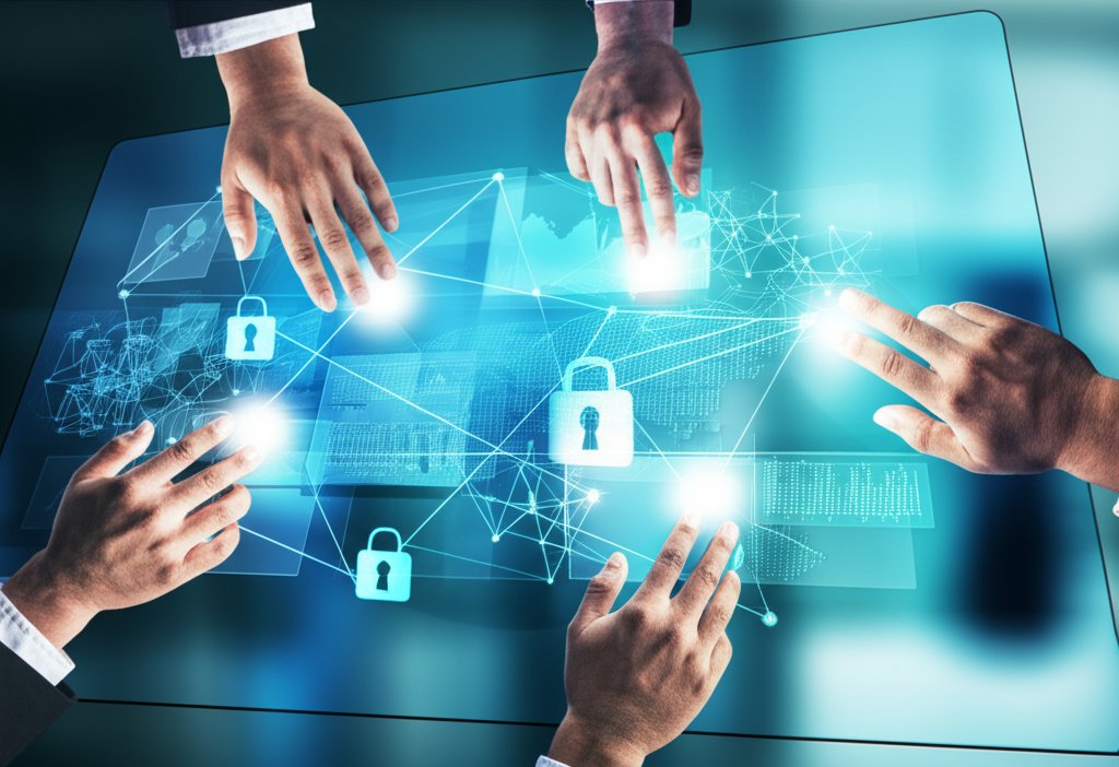 Diverse hands confidently interact with a digital screen displaying data streams and secure nodes for decentralized digita...