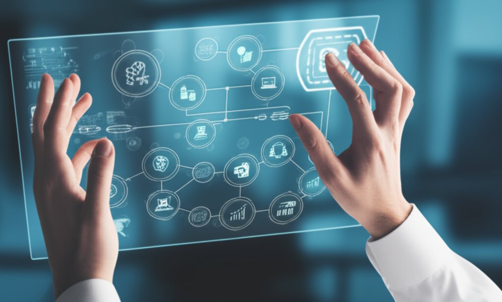 Developer's hands touch a holographic interface showing a secure CI/CD pipeline with encryption symbols, protecting agains...