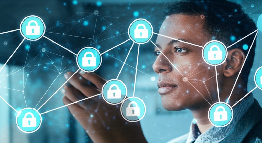 Diverse person observes a sophisticated digital interface with data nodes and secure streams, showing decentralized identi...