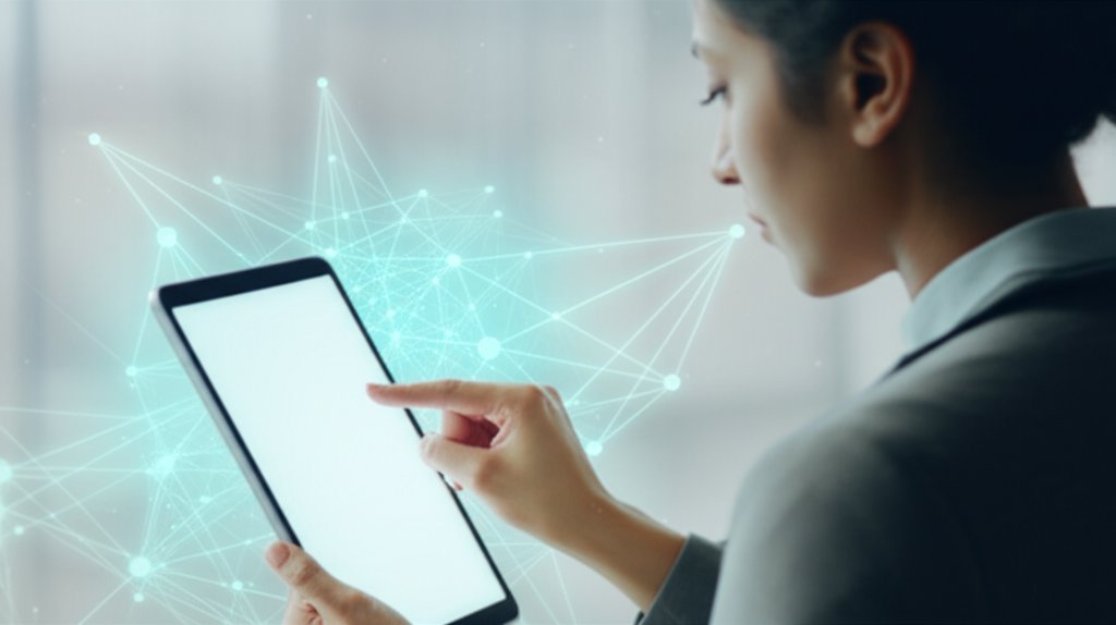 Focused individual uses a tablet showing glowing interconnected nodes, symbolizing a decentralized network and digital ide...