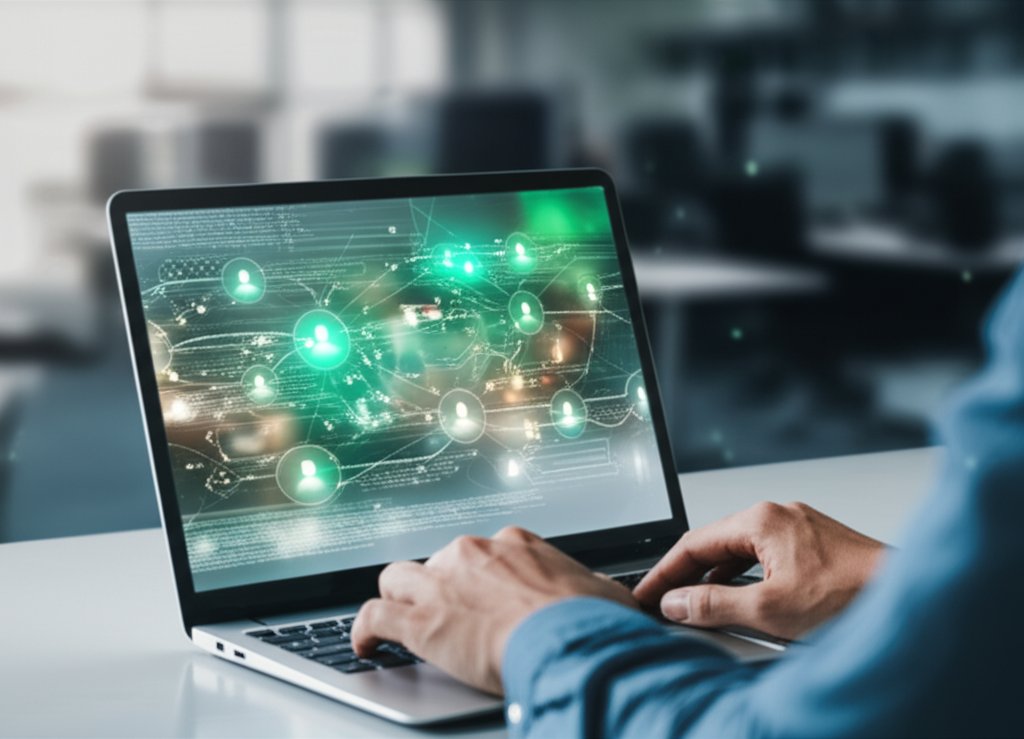 Security analyst's hands on laptop, screen displays dynamic microservices architecture undergoing penetration testing.