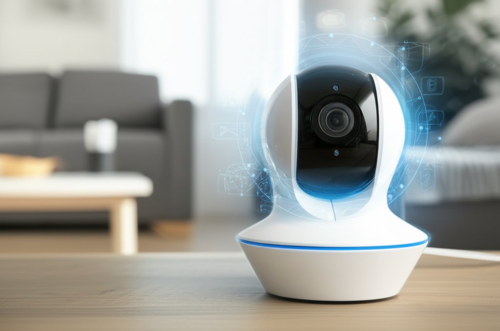 Modern smart home security camera with a protective blue digital glow in a living room, guarding against IoT threats.