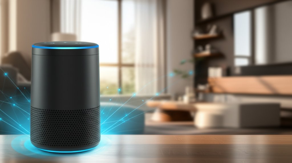 Sleek smart speaker in a modern smart home living room, subtly emanating digital lines, symbolizing IoT data flow and secu...