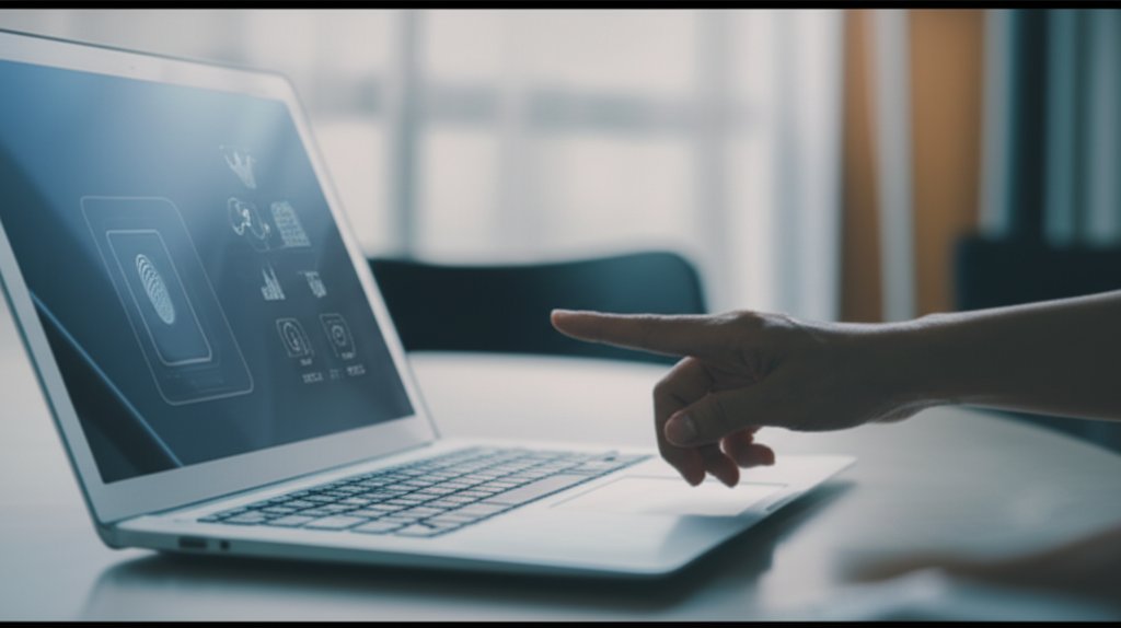 Person uses biometric fingerprint to securely authenticate to a laptop, demonstrating passwordless zero-trust access.