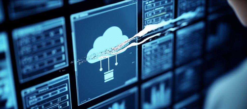 Modern digital interface displays a cloud architecture diagram with a subtle digital fissure, signifying a system vulnerab...