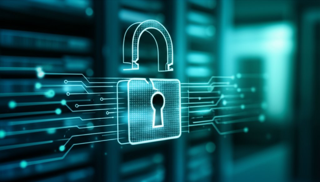 Abstract digital interface showing flowing serverless components and a fractured padlock, symbolizing security challenges.