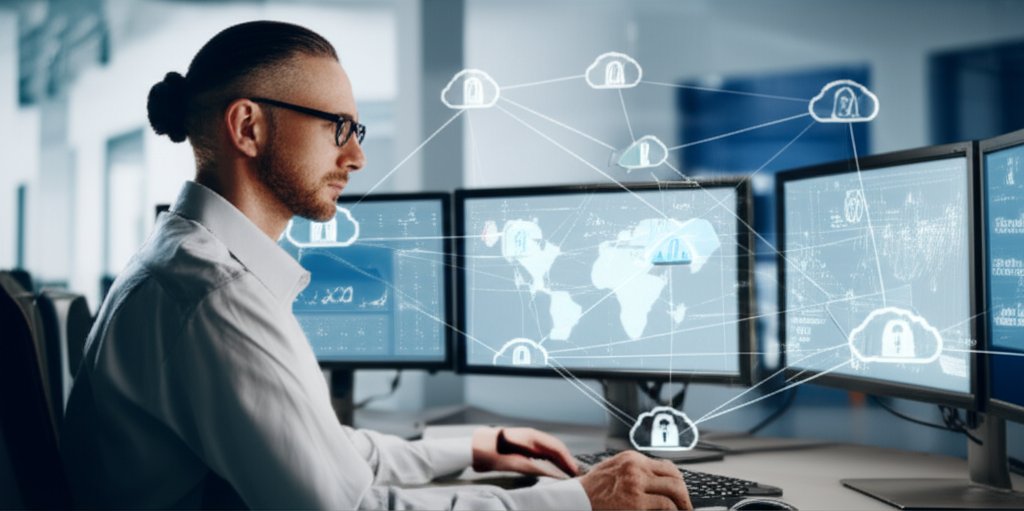 Focused professional reviews Zero Trust security authentication on multiple screens with abstract digital data flow.