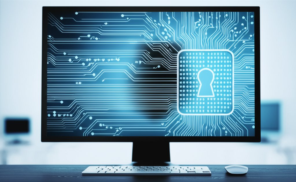 Modern desk with monitor showing a network diagram. A subtle digital anomaly represents a hidden zero-day cyber threat.