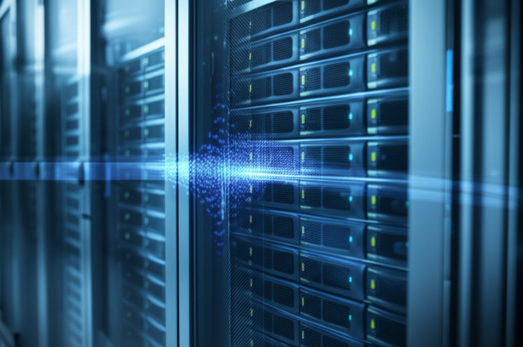 Sleek server rack in a secure data center environment with a subtle glowing code anomaly, symbolizing a zero-day vulnerabi...