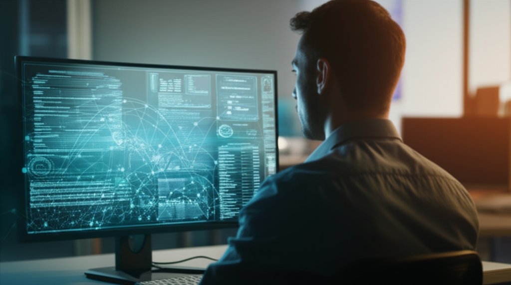 Cybersecurity professional monitoring intricate network visualizations on a screen, hinting at zero-day vulnerabilities an...