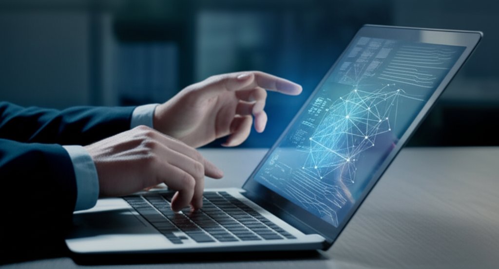 Cybersecurity professional's hands using a laptop. Screen shows complex digital security visuals hinting at vulnerabilitie...