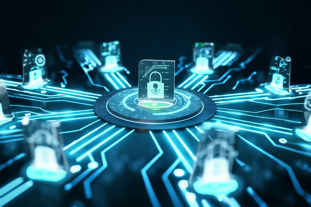 Zero-Trust identity network: glowing data pathways flow through a multi-layered digital verification gateway with cool blu...