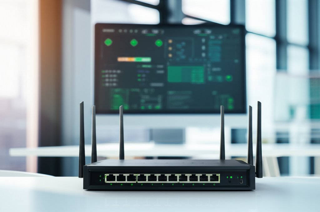 Modern network security router on a minimalist office desk. Blurred monitor shows a complex network dashboard with green &...
